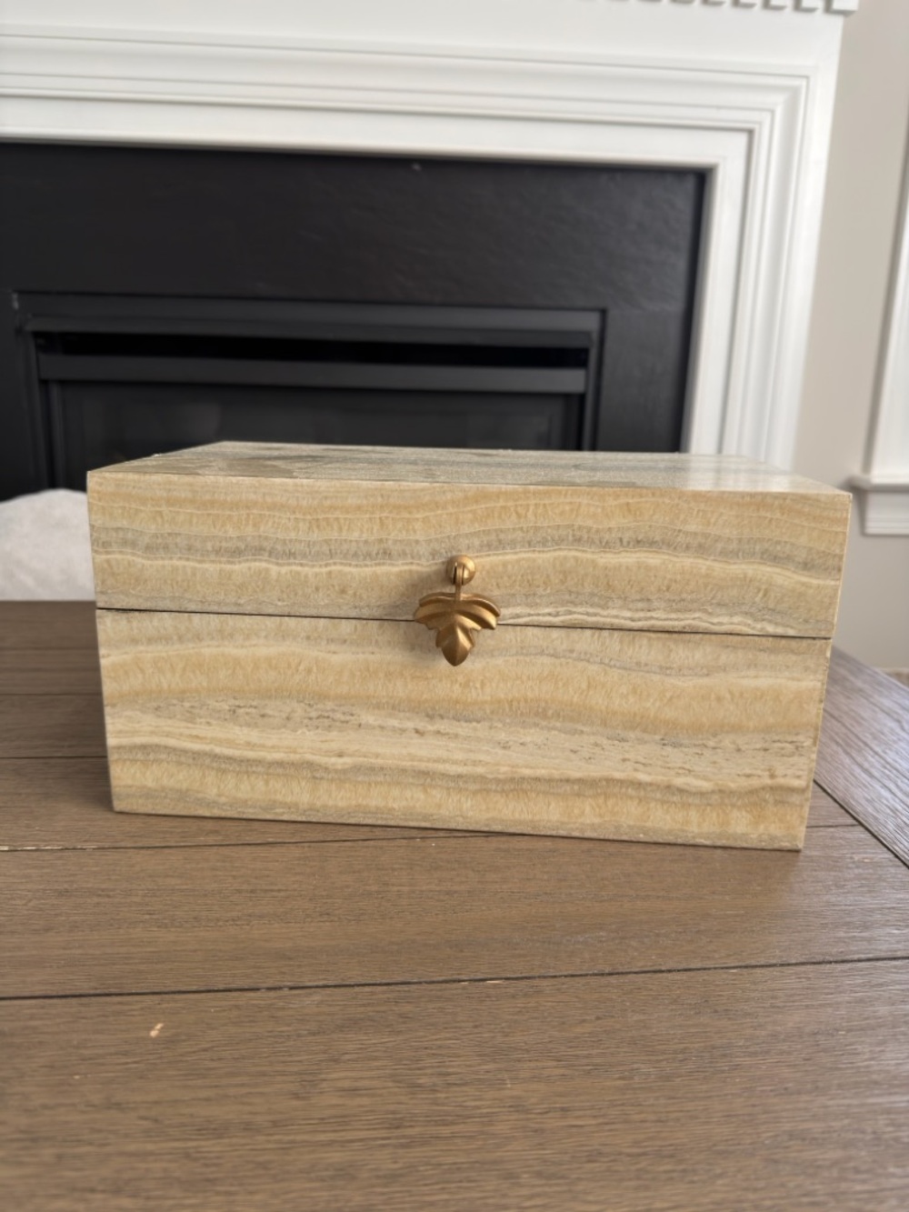 Kirklands Beige Marble-Effect Jewelry Box with Gold Leaf Pull